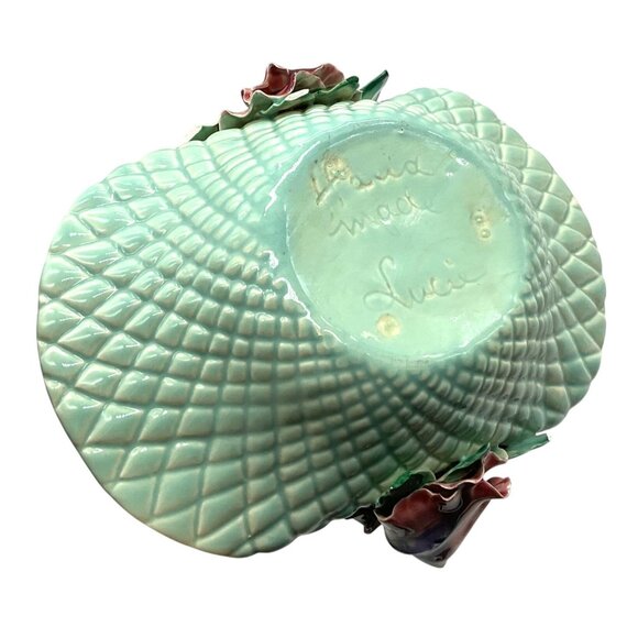 Handmade Ceramic Basket Bowl With Floral Handle Green With Lilies 10.5"x 5" - Picture 6 of 10